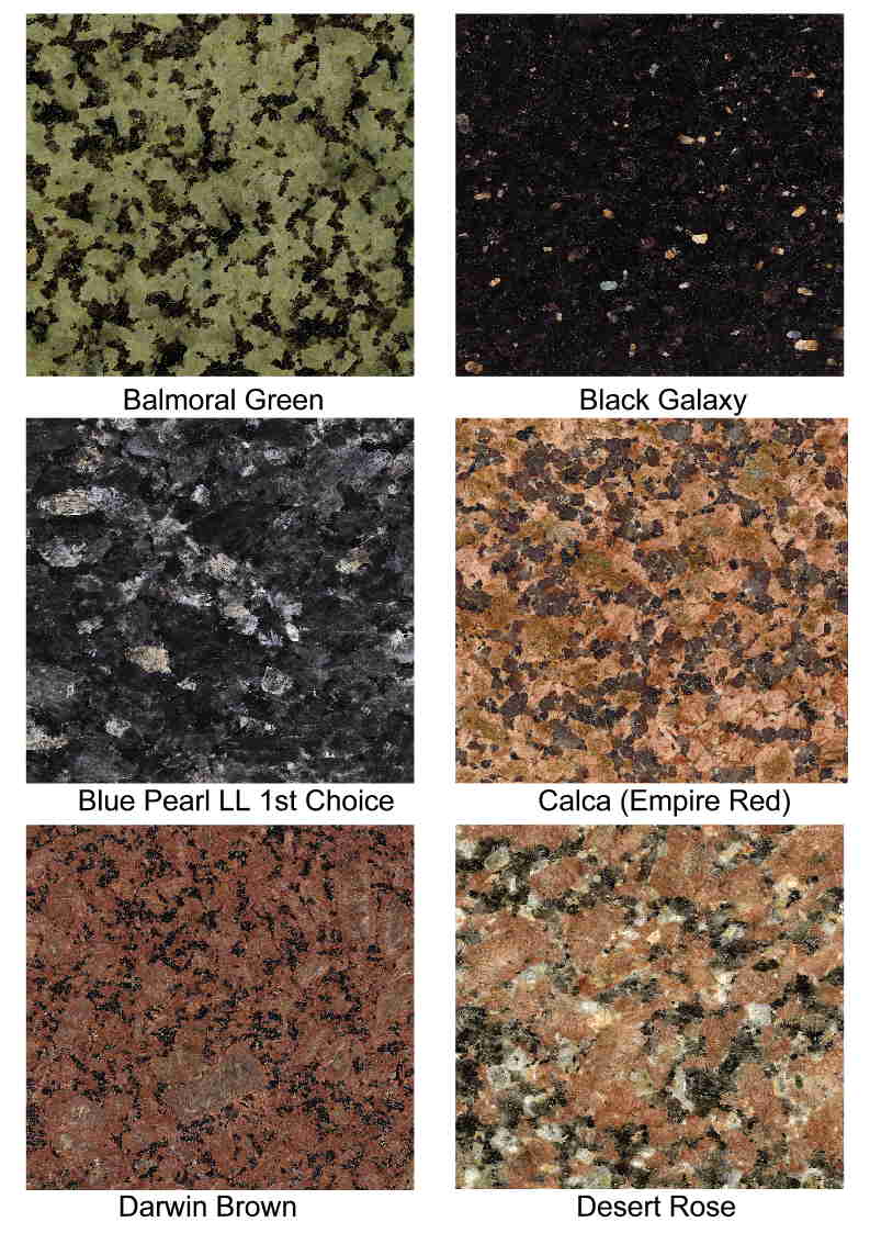 Polished granite colours from J.H. Wagner & Sons.